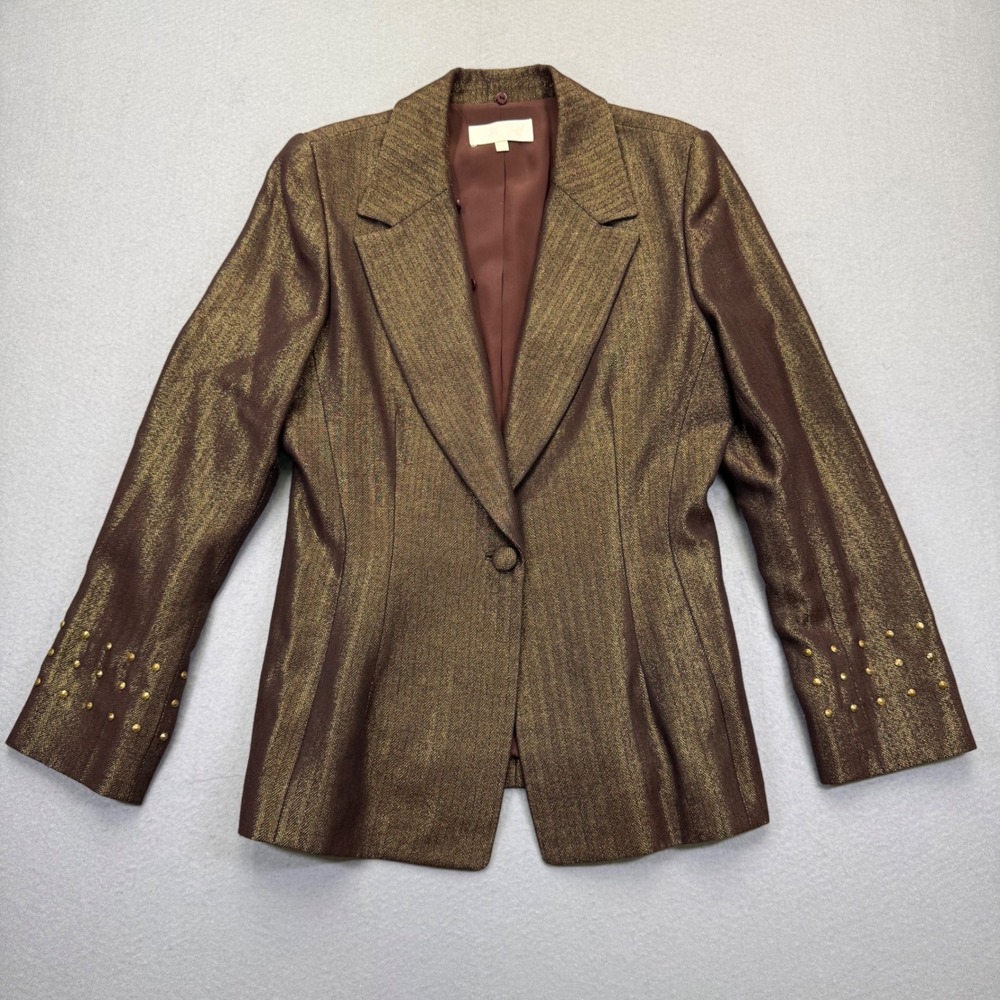 Badgley‎ Mischka Bronze Metallic Herringbone Studded Blazer Jacket Womens Size 8
